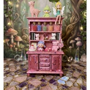 Pink Miniature Dollhouse Cabinet with Figurines